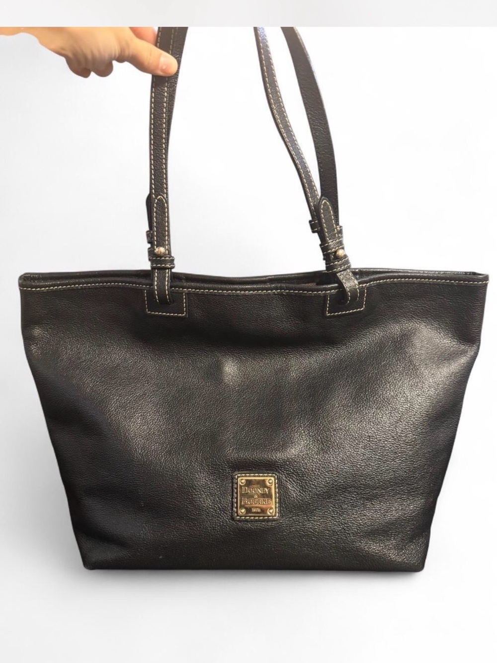 Dooney & Bourke Black Pebbled Leather Tote with Brass Logo Plaque